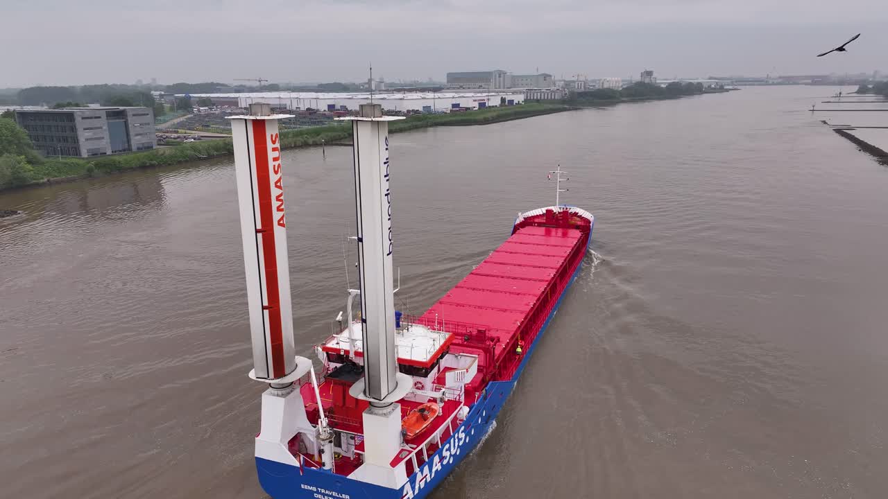 Amasus Cargo Ship 'Eems Traveller' with Rotor Sails on a Waterway