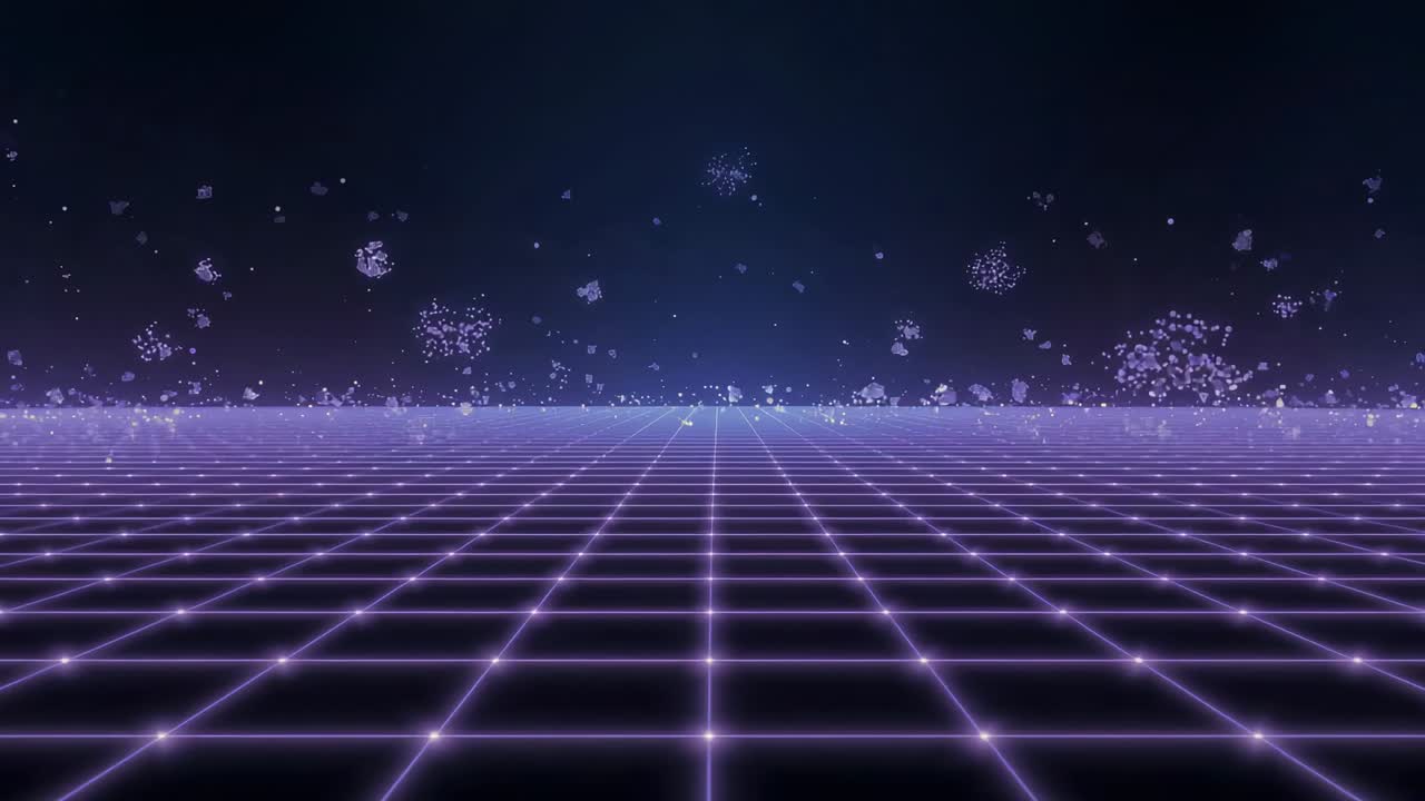 Scena iniziale: griglia viola al neon che pulsa e si ritrae in una griglia rétro, con particelle che aggiungono profondità