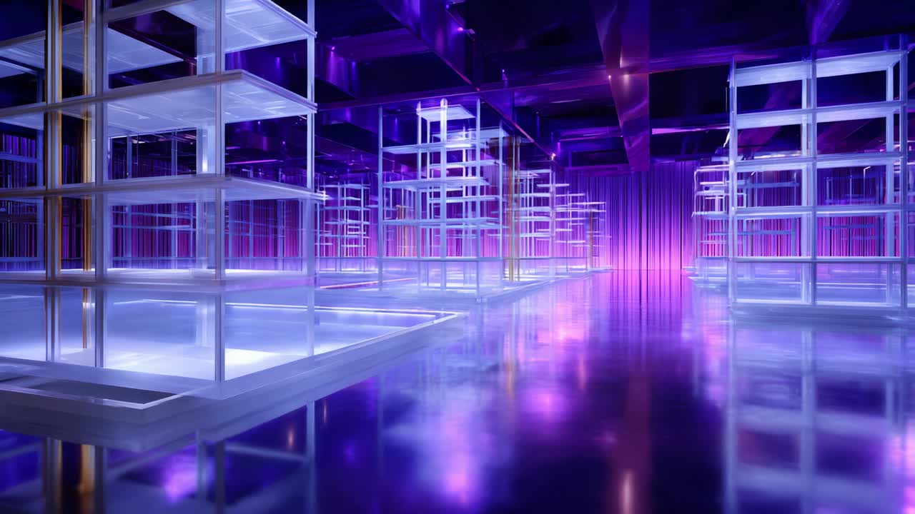 A Futuristic Space Featuring Illuminated Shelving Structures with a Neon Glow, Crafting an Atmospheric Ambience and Mystical Depth, Perfect for Engaging Visual Experiences and Innovative Installations