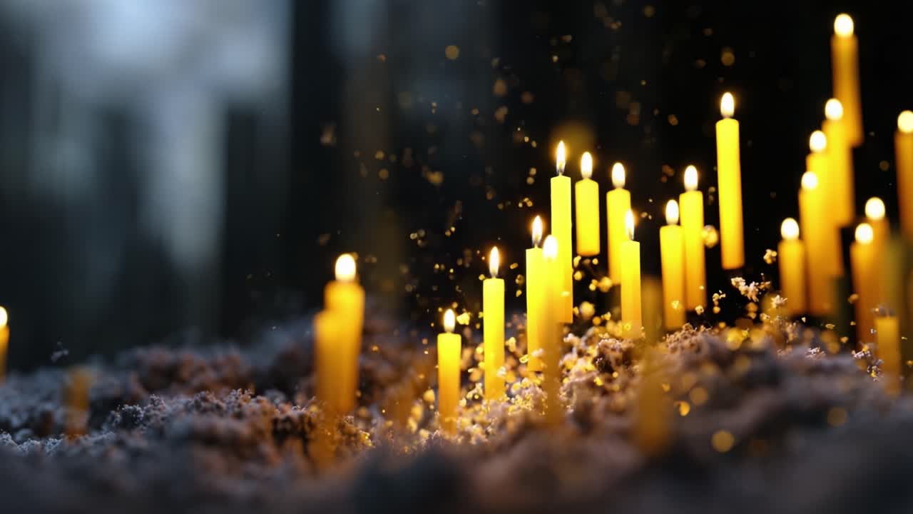 Candles flicker warmly against dark, snowy ground. Golden flames glow softly, casting gentle light. Snowflakes drift slowly around glowing wicks. Quiet, contemplative atmosphere evokes peace