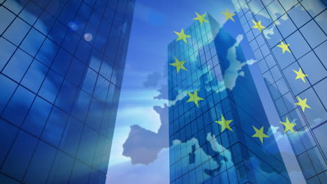 animation of flag of european union over glowing map and high rise buildings in modern city