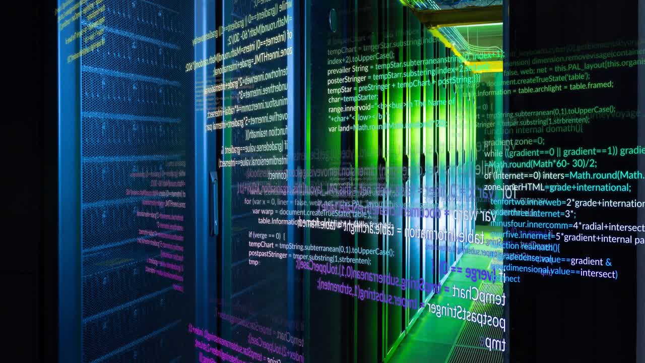 animação do processamento de dados contra a sala de servidores de computador