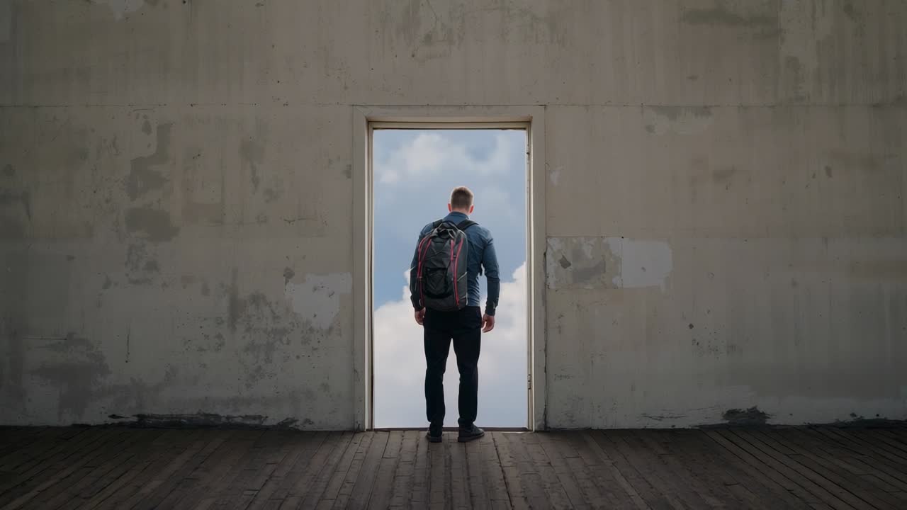 Standing adult male wearing backpack shifting weight moving arms in empty room doorway drawing gaze