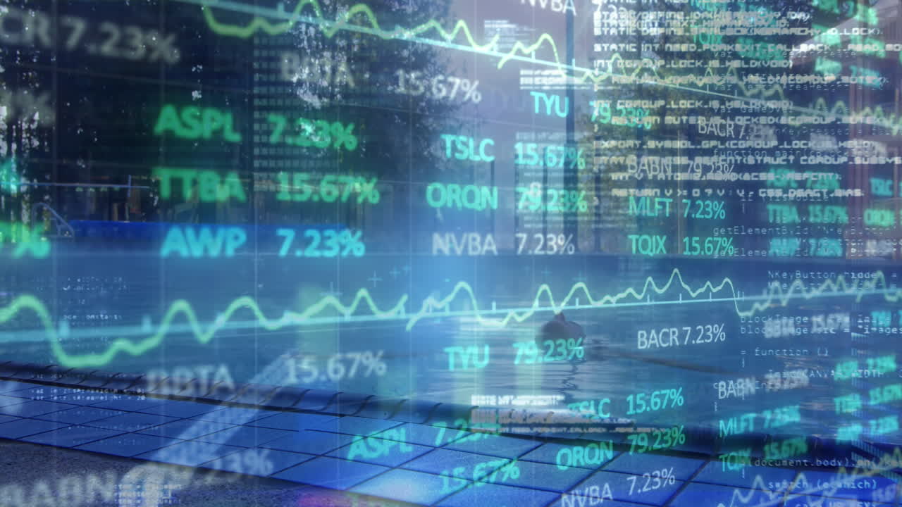 Animation of statistics and financial data processing over cityscape