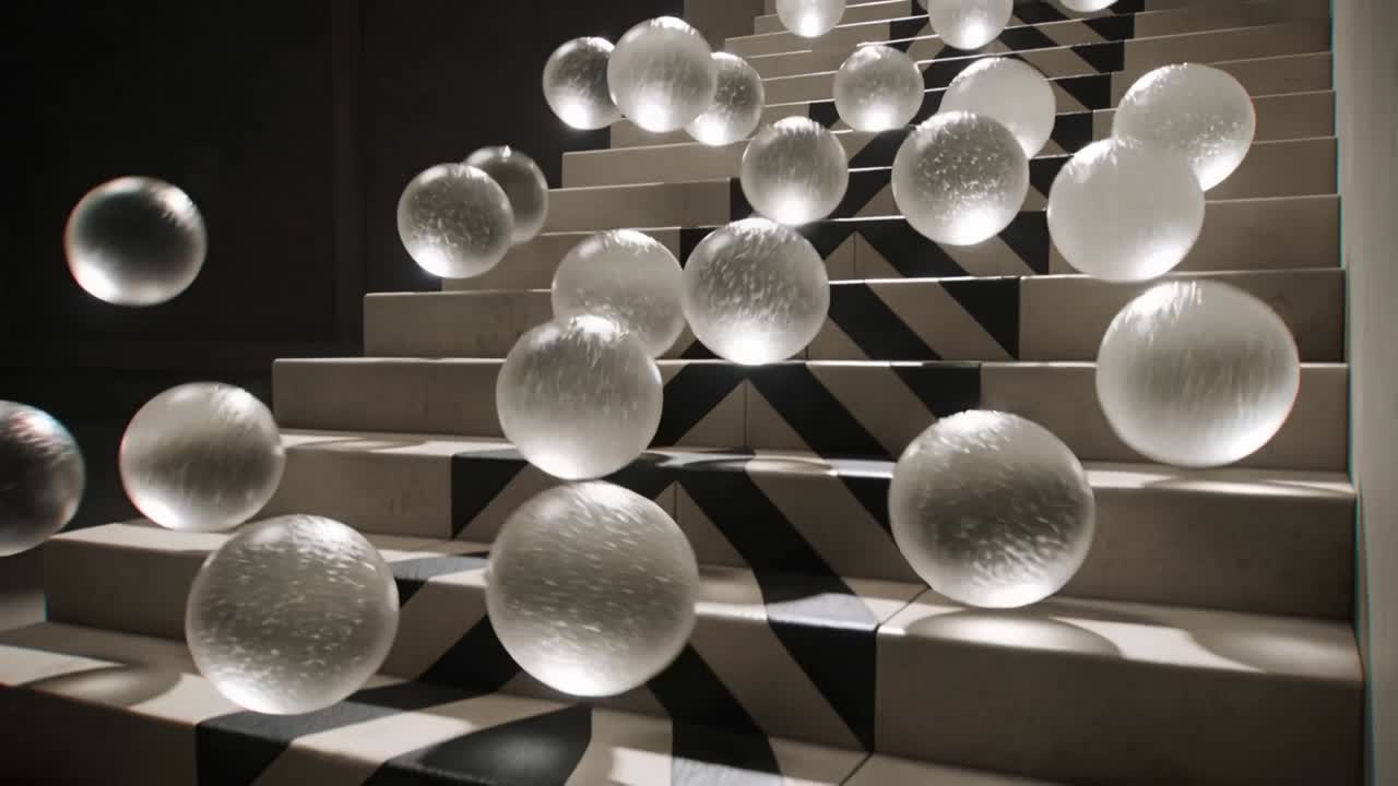 Grappolo discendente di sfere ghiacciate che rotolano giù per le scale dopo un segnale, proiettando ombre nere a strisce a zigzag.