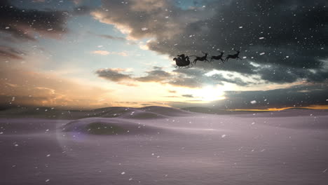 animation of santa claus in sleigh with reindeer moving over winter landscape at christmas