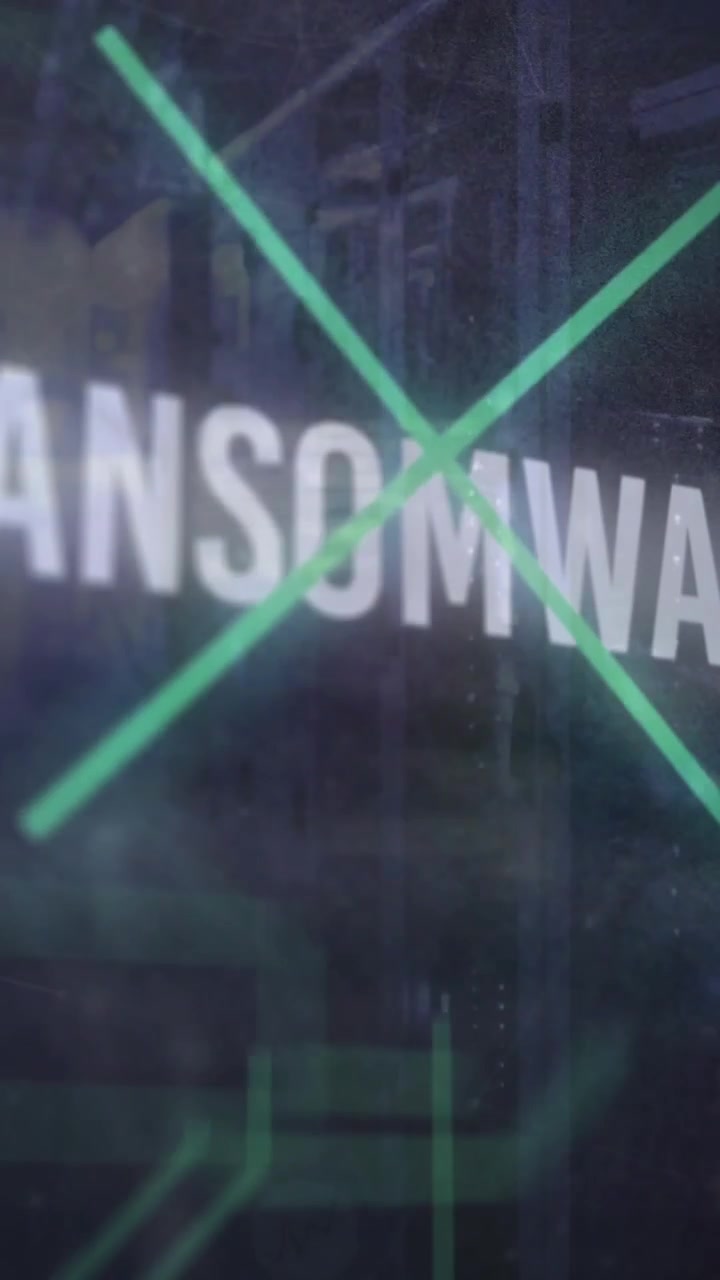 Animation of ransomware text, computer language, binary codes, circuit board pattern, server room