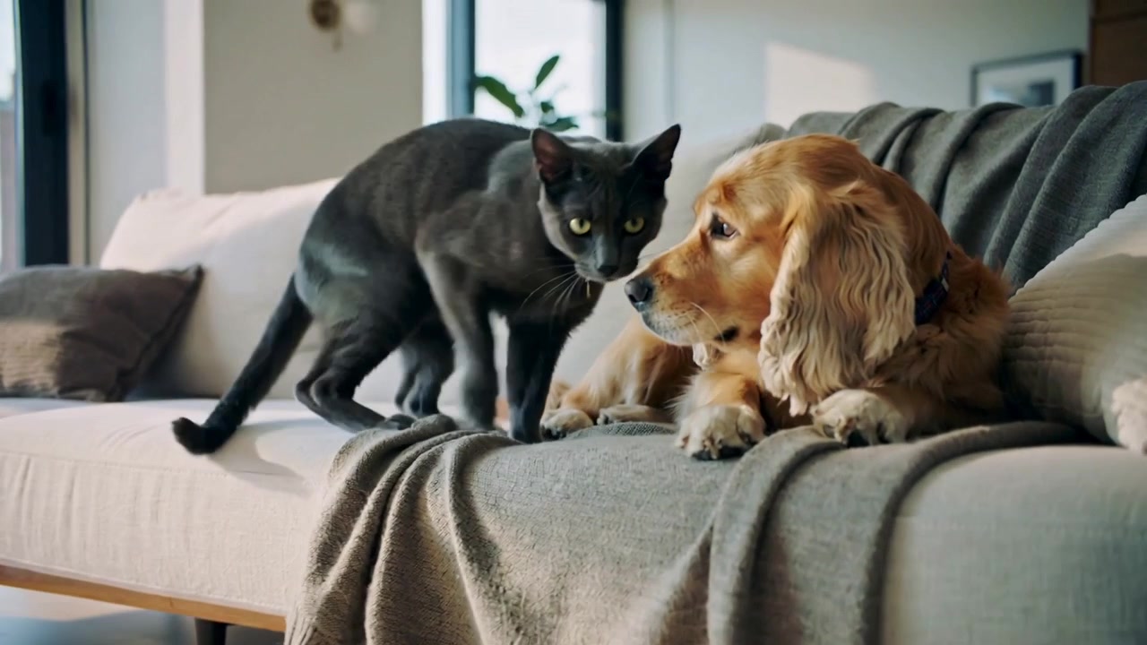 Sich streckende schwarze Katze mit runder Halsbandmarke klettert von einem Hochflorteppich auf ein helles Sofa und gesellt sich zu einem Spaniel.