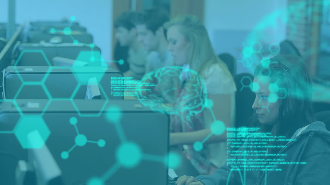animación del procesamiento de datos científicos sobre los estudiantes que utilizan computadoras