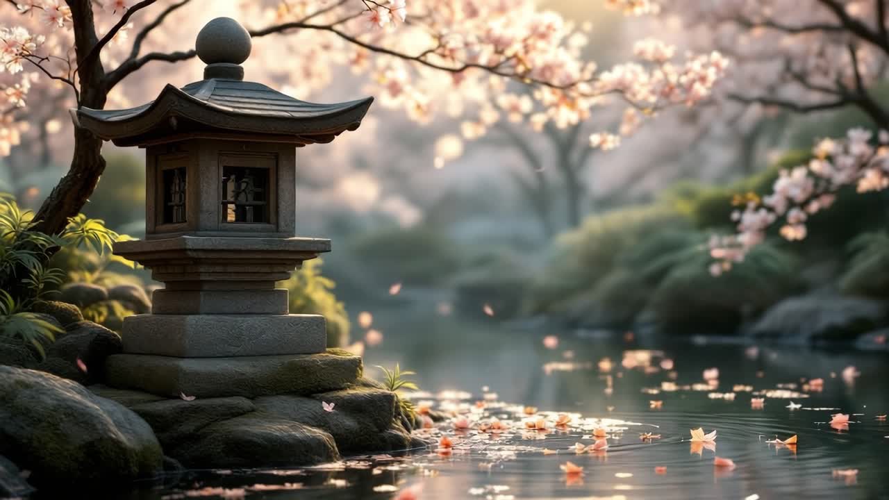 Tranquil garden scene with lantern surrounded by cherry blossoms and serene water reflections