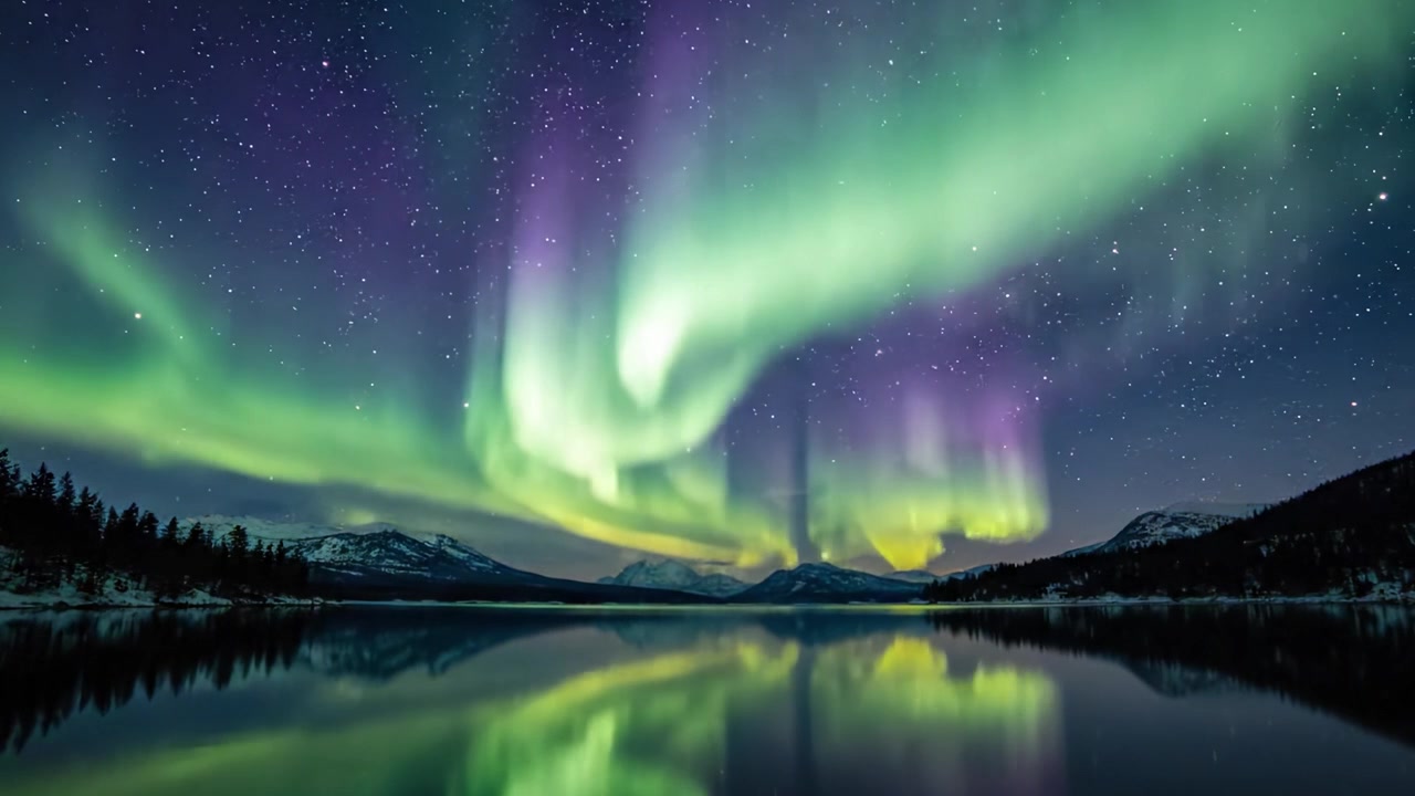 Uno spettacolo mozzafiato della bellezza della natura: l'aurora boreale che illumina un lago sereno sotto un cielo stellato.