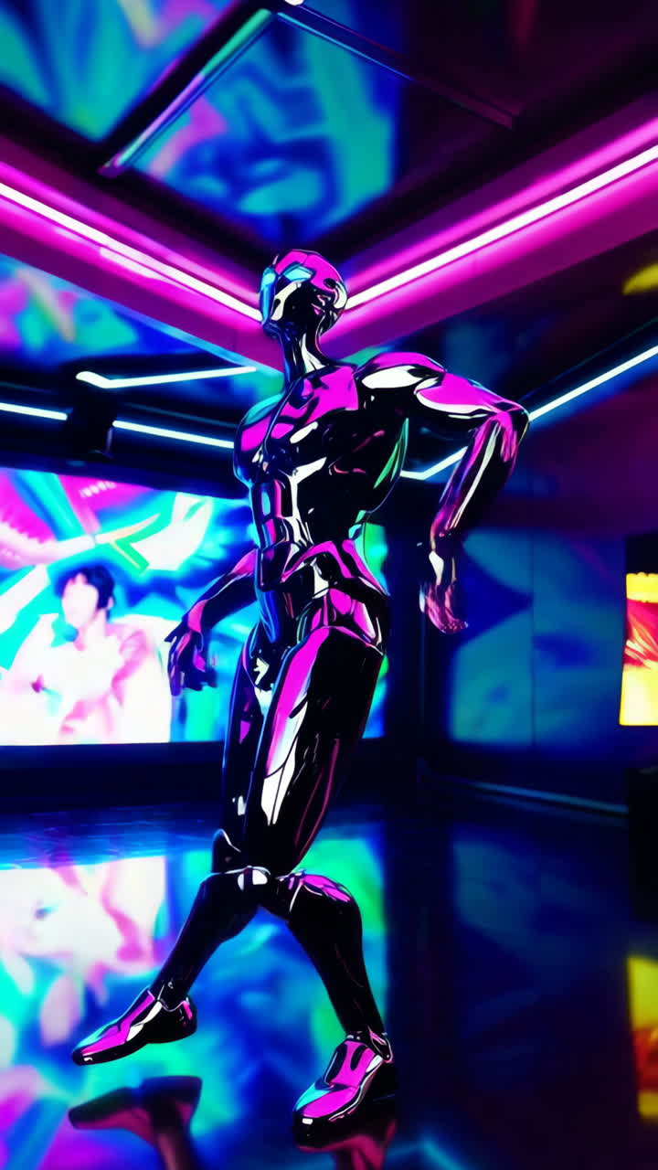Pink and Black Robot Dancing in a Neon Nightclub