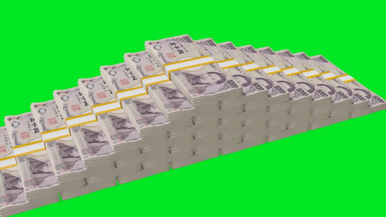 Many wads of money  оn chromakey background. 5000 Japanese Yen banknotes. Stacks of money.