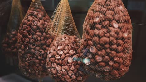 conchas de caracol secas en bolsas de malla