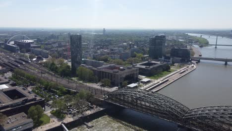 Panoramic-aerial-Reveal,-cityscape-and-Transportation-Network-system-in-Modern-City-of-Cologne,-Germany