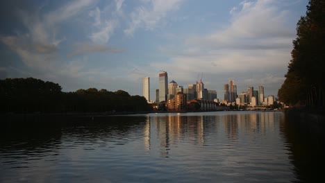 canary wharf skyline reflection at sunset