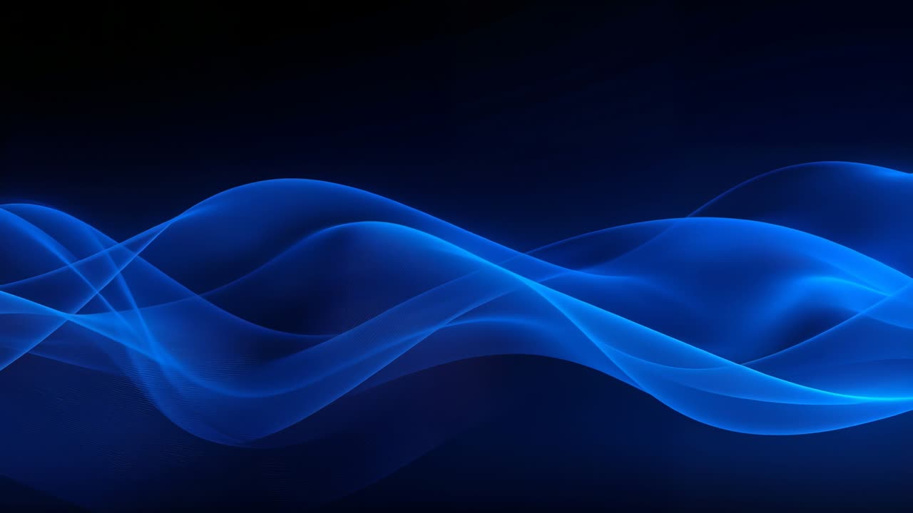 Loop starting, translucent blue ribbons flowing across navy backdrop, serving as screensaver loop