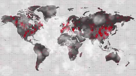 Animation of rotating virus cells over world map with red position marks