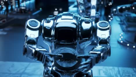 futuristic robotic design showcased: a close-up of a glimmering chrome robot engaged in advanced tasks in a high-tech environment