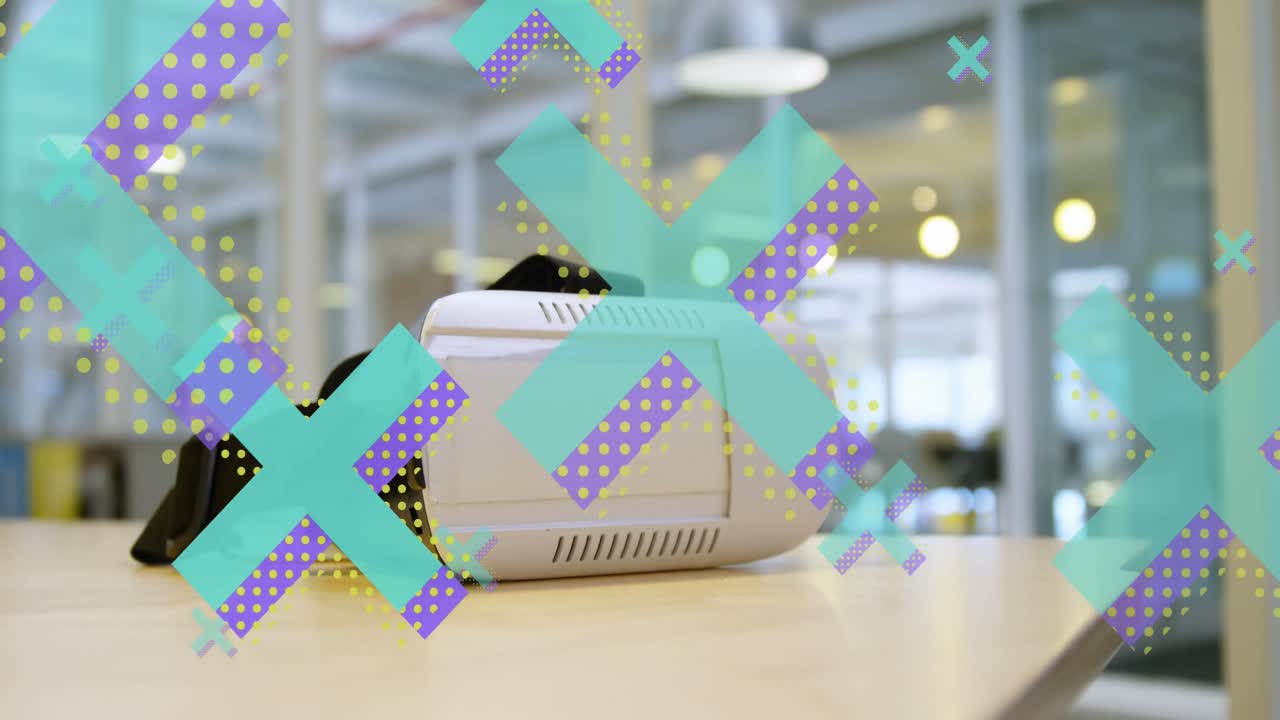 사무실에서 vr 헤드 ⁇  위로 날아가는 초록색과 보라색 아이콘의 애니메이션