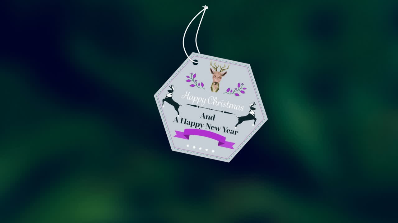 animación de felicitaciones de navidad en etiqueta sobre fondo oscuro