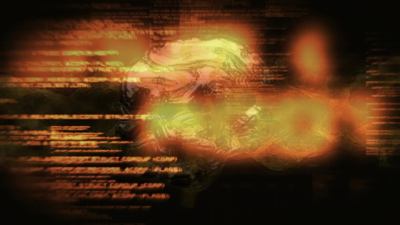 Horizontal amber code lines scrolling and glitching to reveal metallic skull emerging in smoky mist