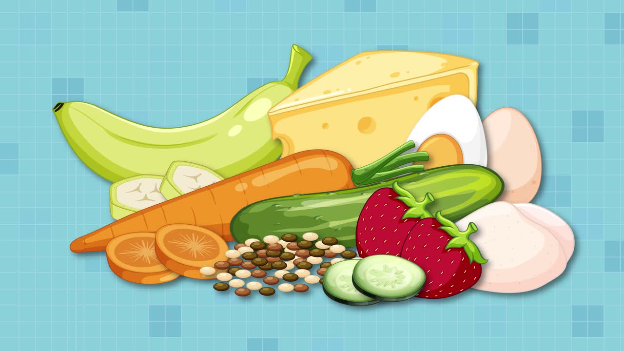 Assorted low FODMAP foods assemble smoothly on blue background, highlighting healthy dietary options