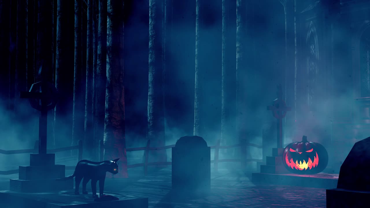 빛나는 눈, 안개, 땅 안개, 유령의 숲, 오래된 교회 건물, 불타오르는 3d 애니메이션을 가진 검은 유령 고양이가 있는 묘지에 있는 할로윈 무서운 호박