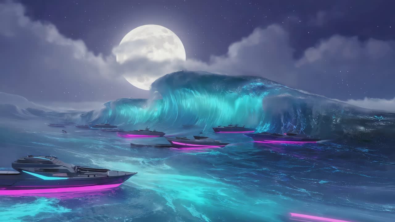 Cyberpunk Boats on a Wavy Ocean at Night Under the Moonlight
