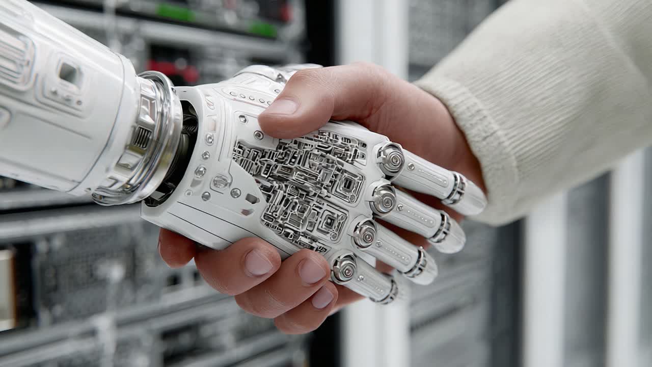 A Fascinating Interaction Between Humans and Advanced Robotics: A Robotic Hand Engaging with a Human Hand, Symbolizing Collaboration and Technological Progress