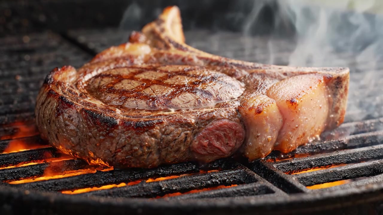 Juicy Beef Steak Sizzles on Grill with Flames Dancing, Showcasing Perfect Marbling and Grill Marks in a Culinary Delight for Meat Lovers