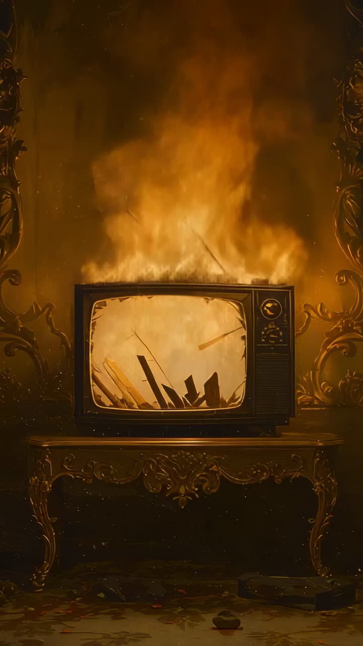 Video verticale: fiamme che avvolgono un televisore d'epoca su un tavolo di legno in una stanza buia