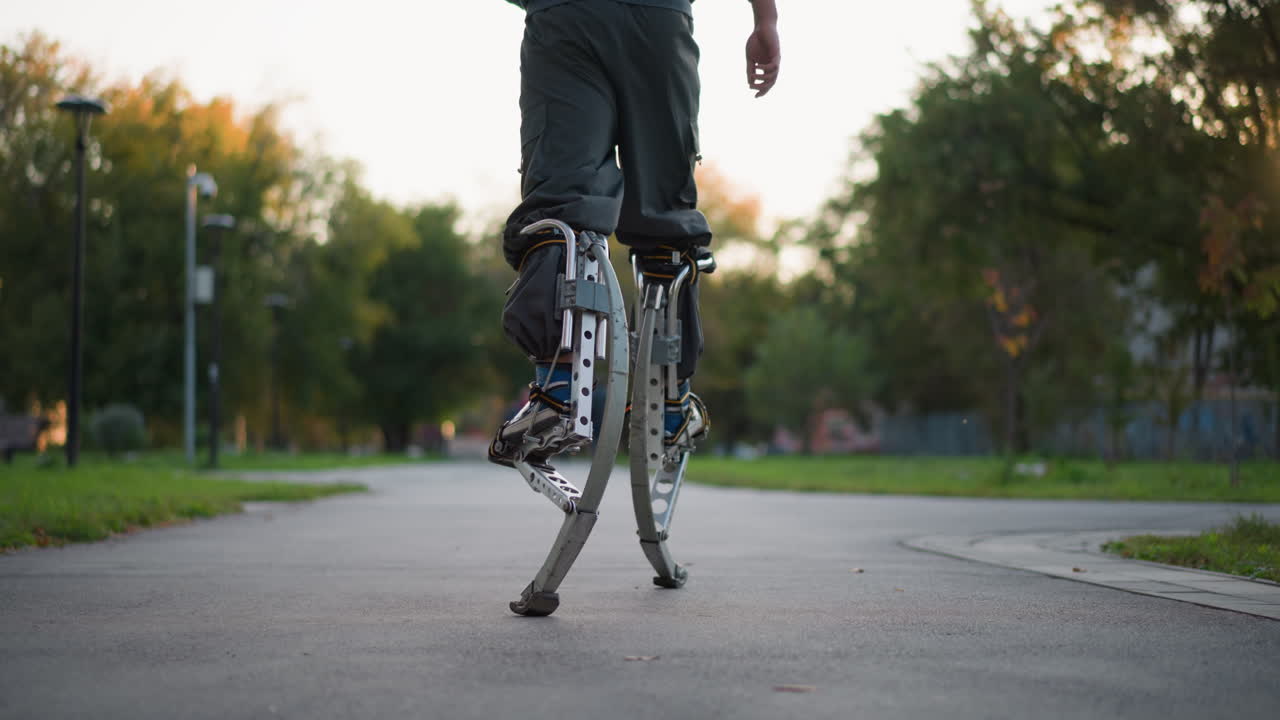 초록색 잔디와 나무로 둘러싸인 포장된 도로에서 회색 후디와 바지를 입고 스으로 고 있는 남자의 아래쪽 뒷면 사진, 야외 환경에서 움직임, 균형 및 민성을 보여줍니다.