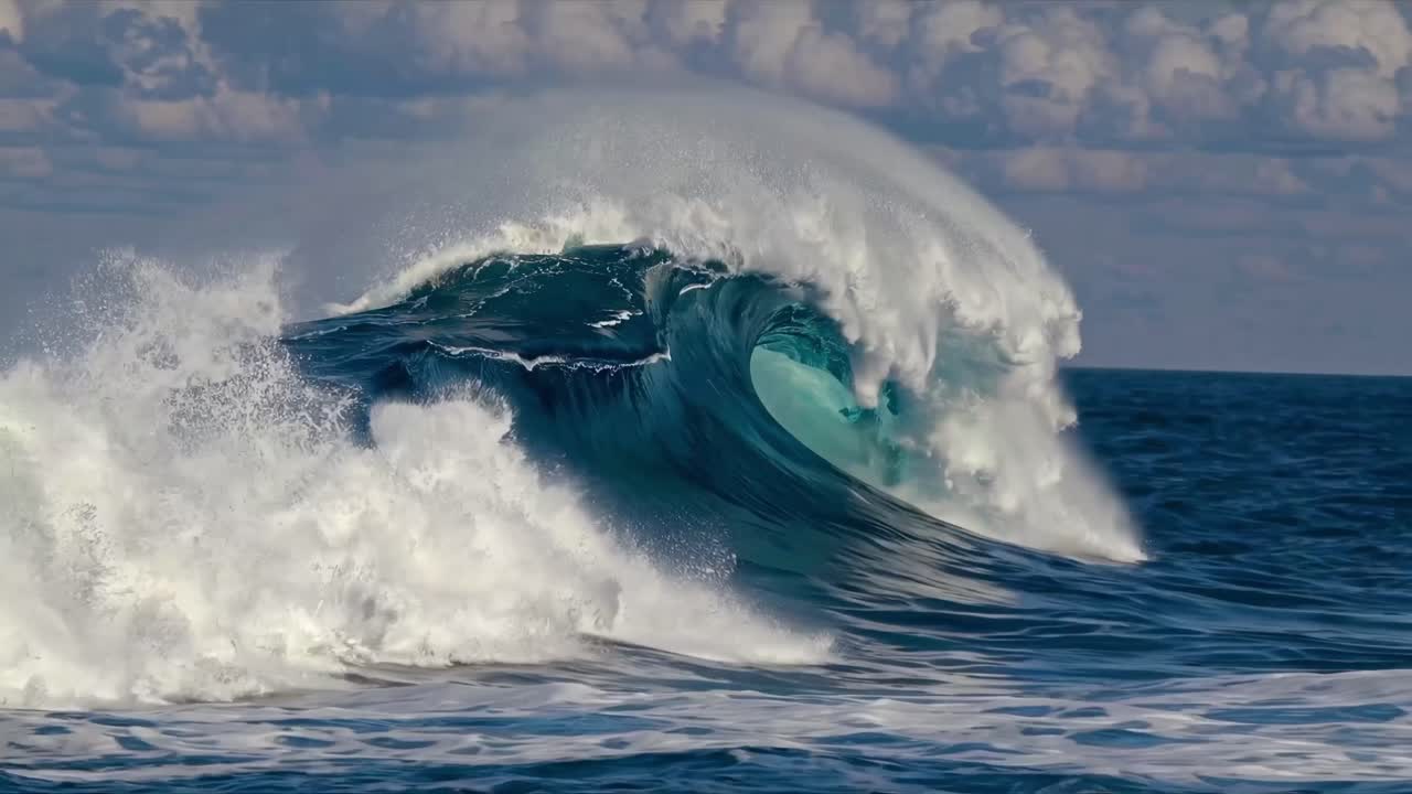 Dramatic video shot of a massive ocean wave captured from a low angle, showcasing the raw power