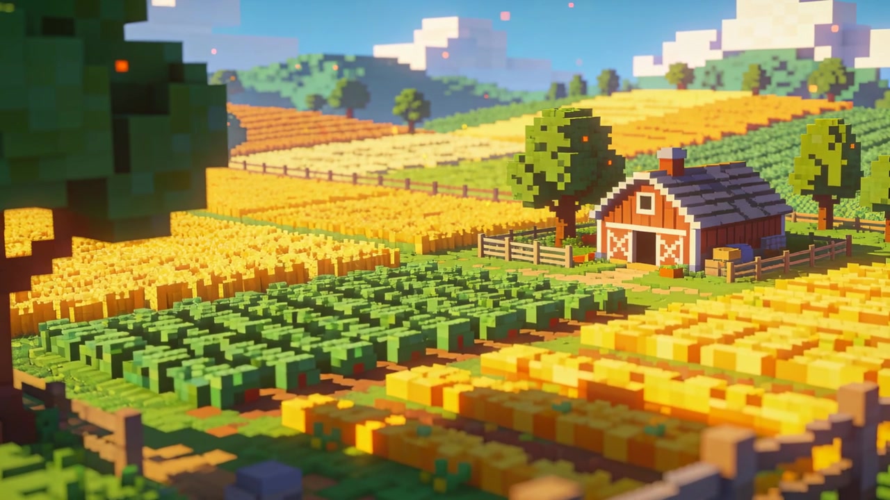 Virtuelt kamera trækker sig tilbage og panorerer til højre over en voxel-farm, afslører en rød og hvid lade samt afgrødearealer.