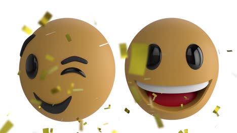 Animation-Von-Goldenem-Konfetti,-Das-über-Zwei-Lächelnde-Emojis-Auf-Weißem-Hintergrund-Fällt