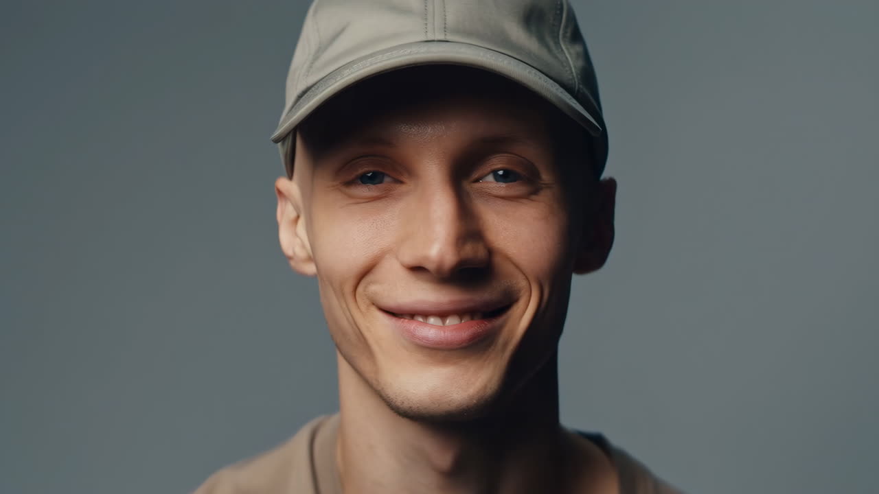 Portrait of a Young Man Smiling and Wearing a Baseball Cap
