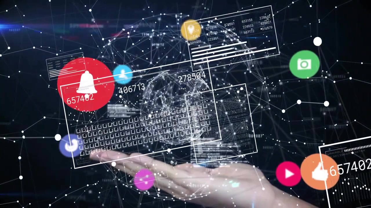 Palm appearing and raising UI panels while globe spinning and icons updating for data visualization