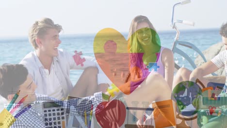 animación de coloridas piezas de rompecabezas corazón sobre amigos felices en la fiesta de playa de verano