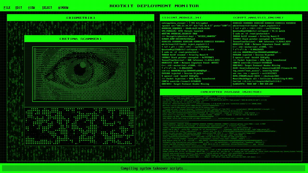 Hacking Retina Scan Console Cyber Security Rootkit Deployment Digital Background Animation