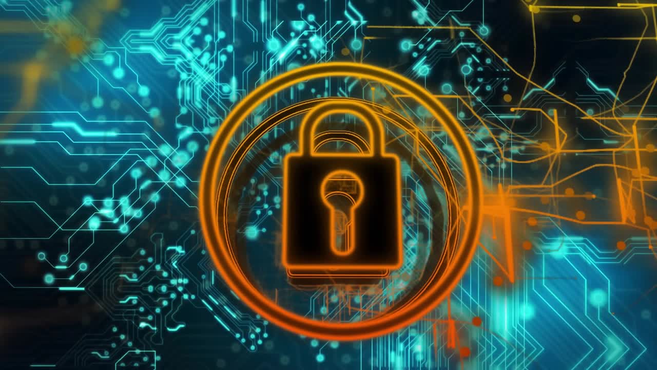 Glowing circuitry lighting, padlock icon forming and rings rotating, showing secure data flow