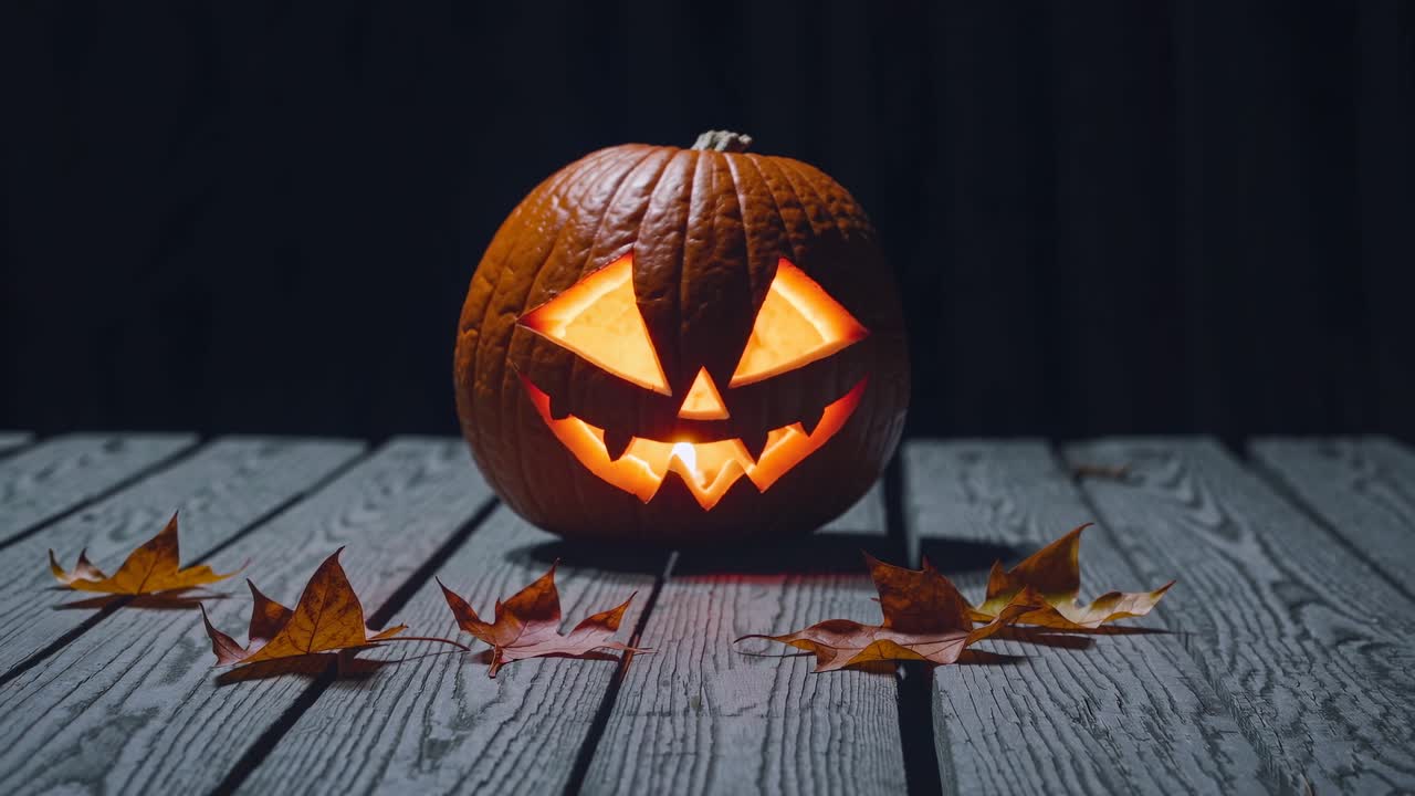 Low-angle shot of a glowing jack-o'-lantern on a wooden deck, surrounded by autumn leaves