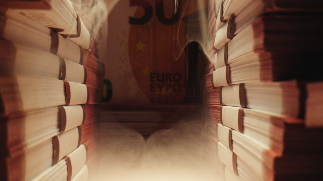 Stacks of cash dollars and euro, Banknotes counting, Specialised police officer Counting dollar euro banknotes in crime lab with machine, cashed out money, bitcoin changing, buying home flat in bank.