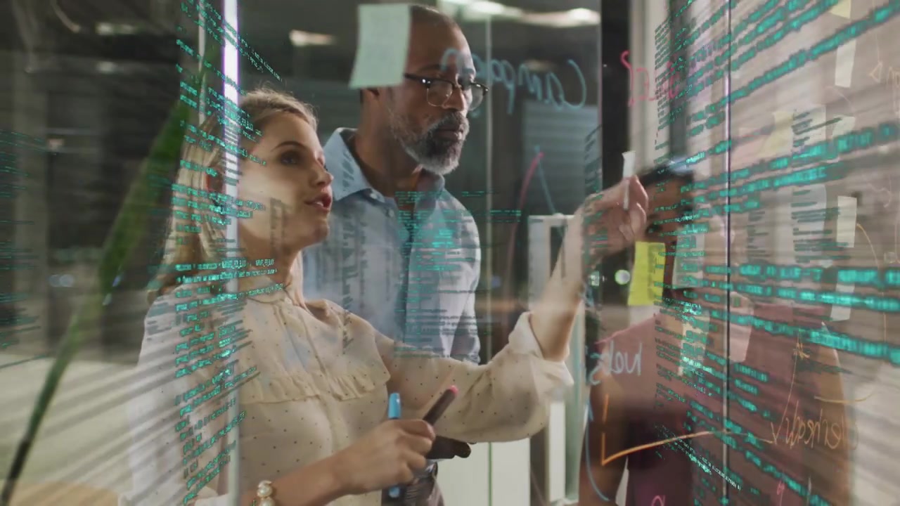 Vertical video: Business team at glass overlay sweeping revealing sticky notes and planning