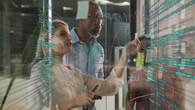 Vertical video: Business team at glass overlay sweeping revealing sticky notes and planning