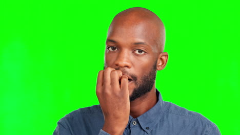 anxiety, bite nails and black man on green screen
