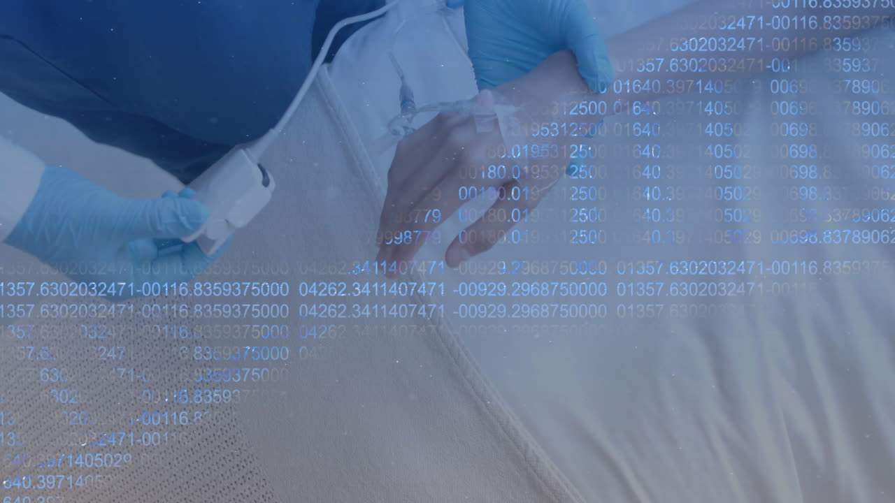 animación de cadena de adn sobre diversos médicos y pacientes masculinos en el hospital