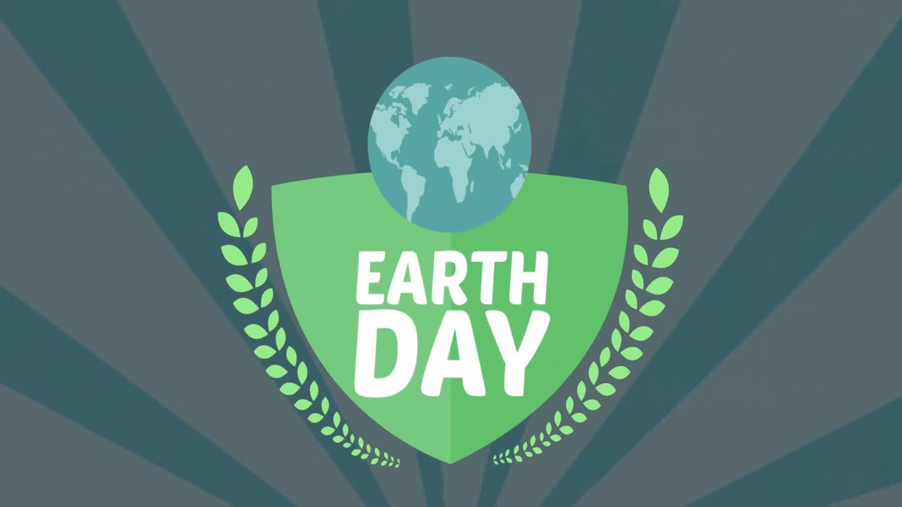 녹색 배경에 지구와 지구의 날을 가진 방패의 애니메이션