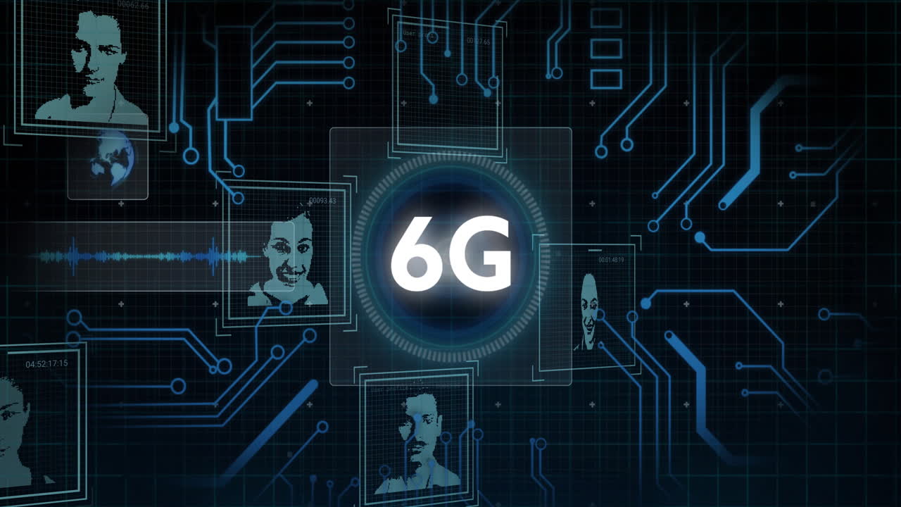 Animation of computer circuit board with 6g over data processing with portraits on black background