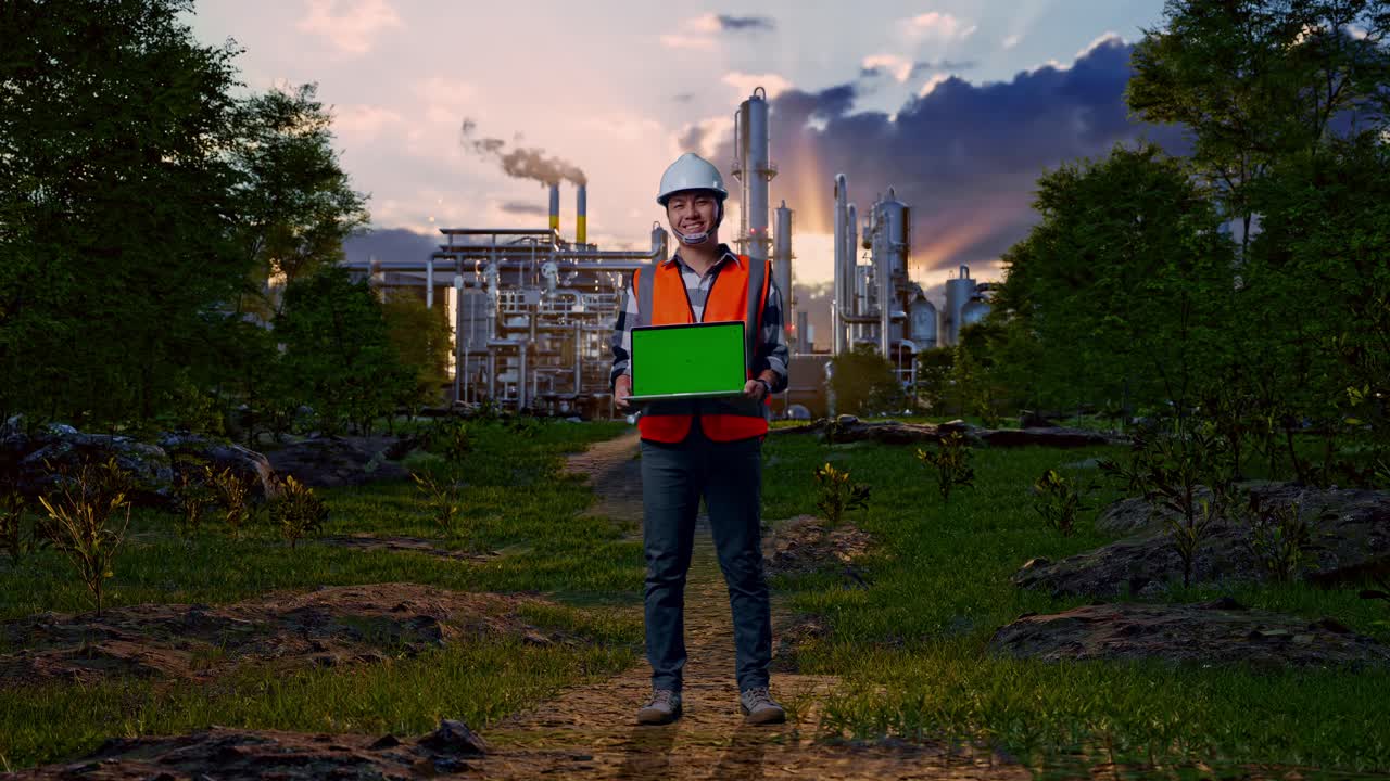 Full Body Of Asian Male Engineer With Safety Helmet Smiling And Showing Green Screen Laptop To The Camera While Standing In Front Of Oil Refinery